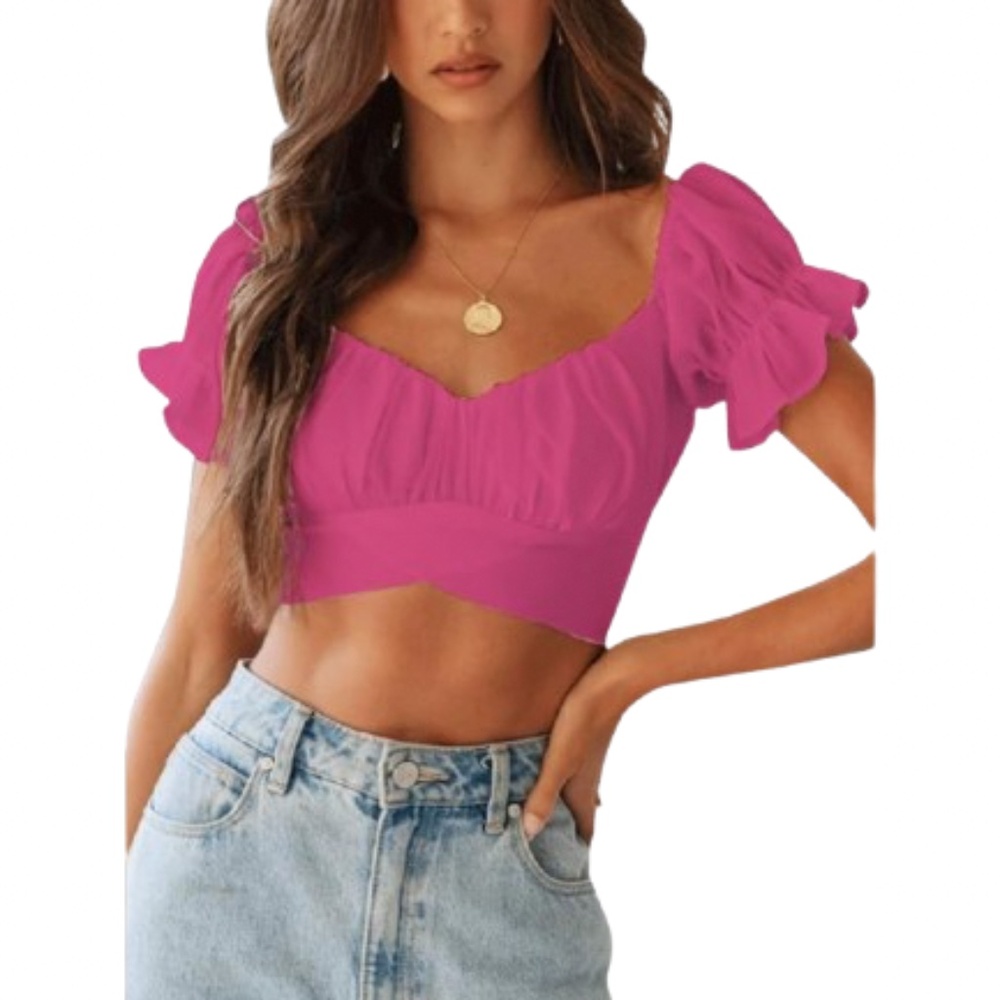Women’s Ruffle Short Sleeve Tie Up Back Crop Top
